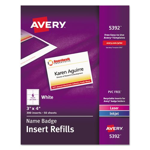 Photo 1 of AVERY Name Badge Insert Refills, Horizontal, 3 x 4, White, 300/Box