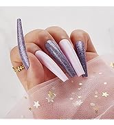 Makartt 24Pcs Extra Long Press on Nail Kit Glitter Purple Nude French Coffin False Nails Acrylic ...