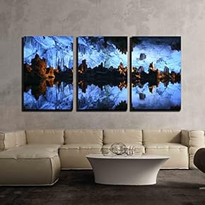 3 Piece Canvas Wall Art - Underground Lake in The Reed Flute Cave Lu Di Yan Near Guilin in China - Modern Home Art Stretched and Framed Ready to Hang - 16"x24"x3 Panels
