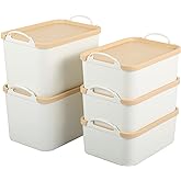 ANMINY White Plastic Storage Bins Baskets with Lids, 5-Pack, 2M+3S | Large Plastic Bins, Sturdy PET, with Handles, Stackable, Opaque Storage Boxes, for Closet Shelves Desk, Wheat Lids