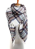 POSESHE Plaid Blanket Thick Winter Scarf Tartan Chunky Wrap Oversized Shawl Cape,L White Blue,One Size