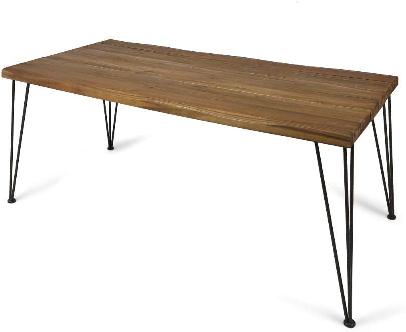 Christopher Knight Home Kama Patio Dining, Rectangular, 72", Acacia Wood Table Top, Rustic Iron Hairpin Legs, Teak Finish, Metal: Furniture & Decor