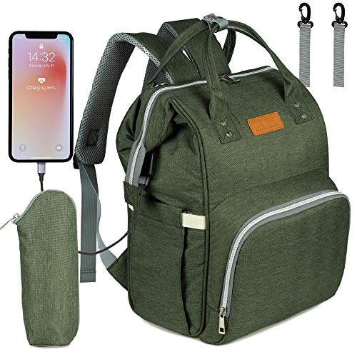 NEVEQ Baby Changing Backpack, Multi-Function Travel Diaper Bag Nappy Backpack with USB, Large Capacity, Stroller Straps, and Multiple Functionalities (Military Green)