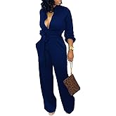 SxClub Jumpsuits for Women Formal Sexy Elegant Long Straight Pants Busineess Party Jumpsuit with Belt Pockets