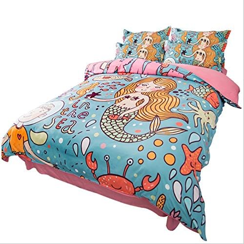 JYD Duvet Cover Set 4 Piece 3D Cartoon Mermaid Seabed Water World Pattern Printing Washed Cotton Bedding 1*Quilt+1*Coverlet+2*Pillowcases,1.5M [Energy Class A]