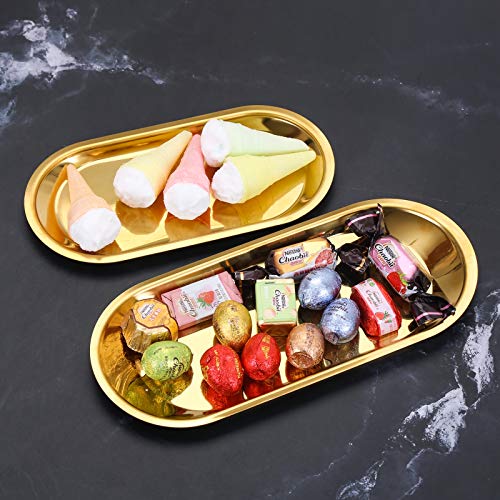 AJIEVWU Decorative Metal Tray Stainless Steel Towel Tray Metal Storage Organizer Trays for Bathroom Vanity Countertops Dressers Dish Plate Tea Fruit Trays Cosmetics Jewelry Oval Tray 2PCS (Gold)