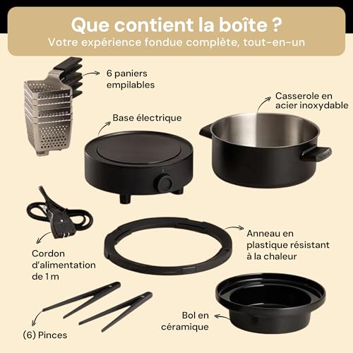 Fondussimo Evolution 3-in-1 Electric Fondue Set with Stainless Steel Fondue Pot 3 L + Ceramic Bowl Bain-Marie – 6 Baskets & 6 Tongs – Adjustable Temperature – 4 to 6 People