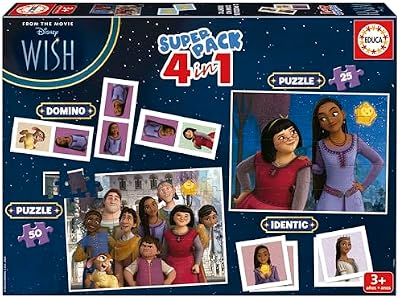 - Superpack Disney Wish 4 en 1 | Puzzles, Dominó, Memory Infantil | 2 Puzzles 25 y 50 Piezas, Dominó 28 fichas, Identic 28 Cartas | Juego Educativo niños 3 años (19743)