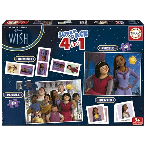 - Superpack Disney Wish 4 en 1 | Puzzles, Dominó, Memory Infantil | 2 Puzzles 25 y 50 Piezas, Dominó 28 fichas, Identic 28 Cartas | Juego Educativo niños 3 años (19743)