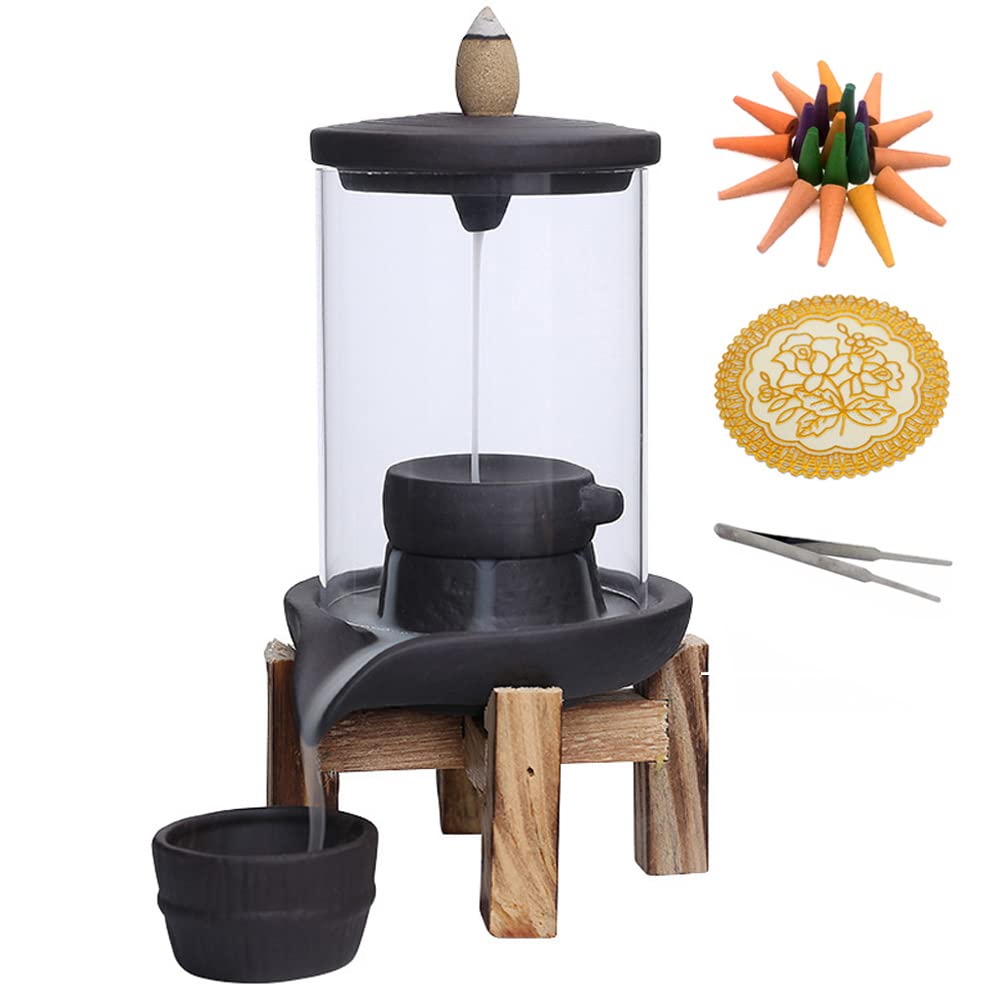 Ceramic Incense Burner Set, Windscreen Backflow Waterfall Incense Holder with Wooden Rack, Retro Home Office Deco Gift Ornament Aromatherapy Yoga Zen, 20 Free Cones