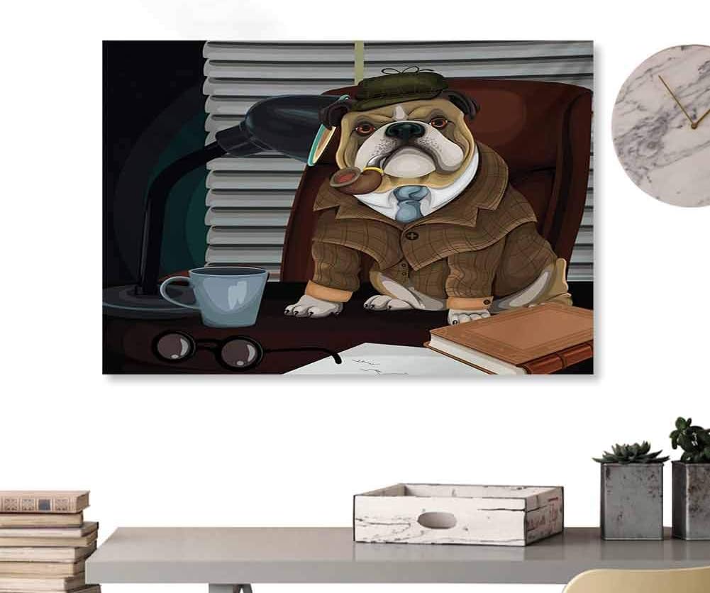 Glifporia Wall Painting Prints English Bulldog,Happy Puppy with a Red Collar Domestic Pure Breed Animal Illustration,Cream Red Pink for Bedroom Living Room Kitchen Bathroom Artwork