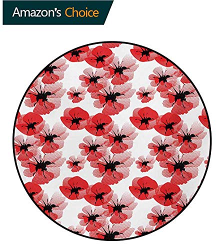 Floral Art Deco Pattern Non-Slip Washable Round Area Rug,Poppies Retro Halftone Effect Fertility And Eternal Life Symbols Vintage Foam Mat Living Room Decor,Round-51 Inch Vermilion Black White