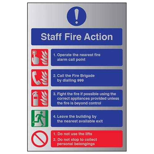 V Safety Fire Action-Staff Fire Action 999 Sign - 150mm x 200mm - 3mm Brushed Alu Comp