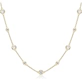 MISS MIMI Station Necklace for Women, 925 Sterling Silver with 21 Bezel Set Cubic Zirconia (4.5 CTW), 18K Gold Plated or Rhodium Plated, Adjustable 16"+2" Dainty CZ Choker Layering Chain