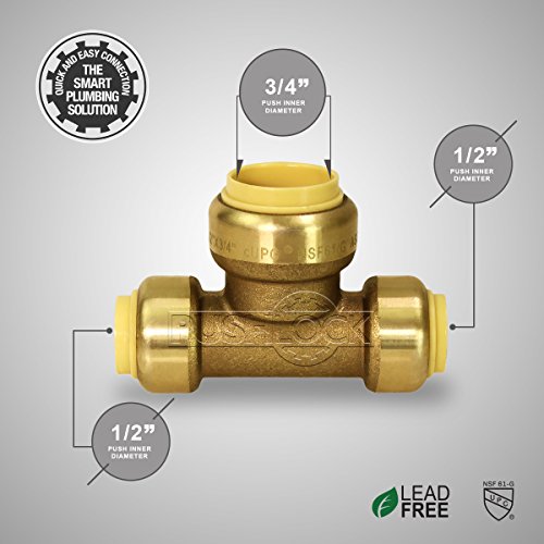 Everflow Supplies Pushlock UPET121234 1/2 Inch x 1/2 Inch x 3/4 Inch Long Push Tees Push-Fit Fittings, Made W/ Lead Free DZR Forged Brass, Connect PEX, CPVC & Copper, Pre-Lubricated Quick Installation