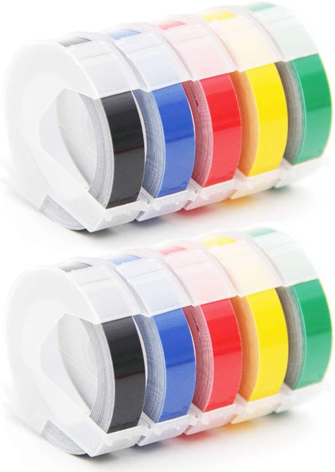 Pristar Embossing Tapes 3D Plastic 9mm 3/8 Inch X 9.8 Feet Replacement for Dymo Label Makers Office Mate II DYM12965 12966 Organizer Xpress Pro, White on Black/Red/Blue/Yellow/Green, 10-Pack