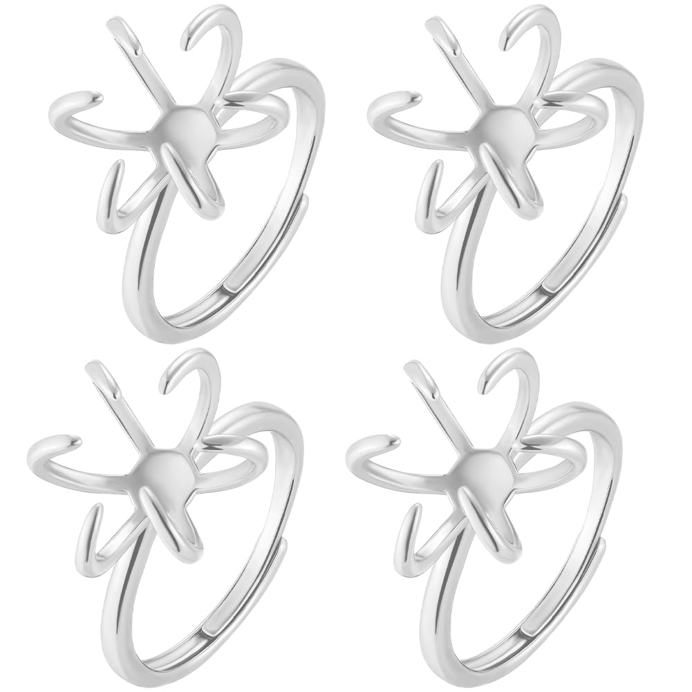 Beebeecraft 1 Box 4 Pieces Ring Bases 925 Sterling Silver & Silver Plated Brass Beads Rough Stone Adjustable (4) Claws for Rings Making