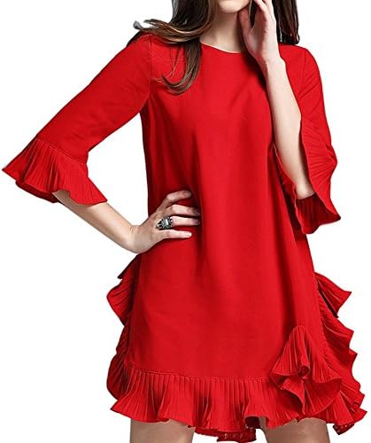 Liujos Women's Crew Neck Trumpet Sleeve Flounced Stitching Loose Mini Dress (XL)