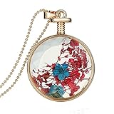 Gmai Women's Beads Chain Pressed Flower Round Glass Pendant Necklace Red and Blue