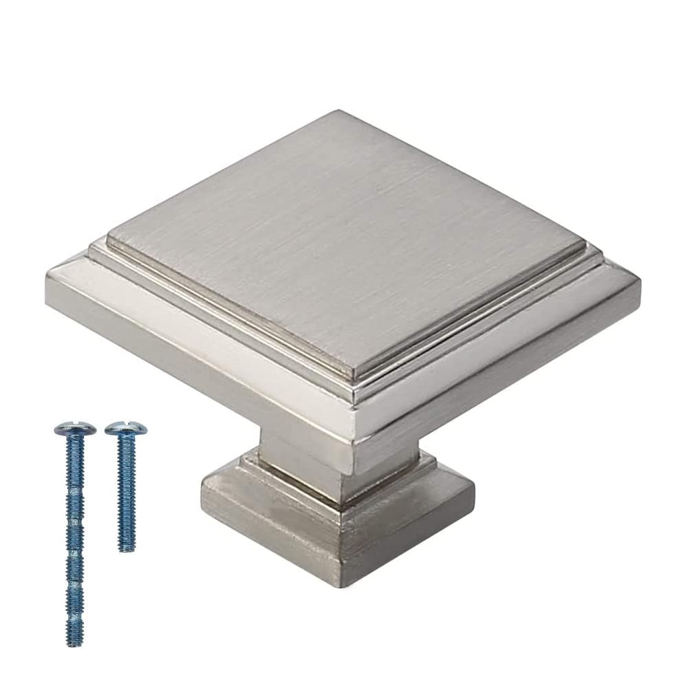 French Furniture Fittings Set of 6 Art-Deco Square Kitchen Cabinet Knobs, Brushed Satin Nickel, Square Handles for Cupboard Doors and Drawers Ltd 32mm