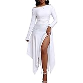 Mojessy Women Sexy Bodycon Maxi Dress Boat Neck Long Sleeve Ruched Waist High Split Long Dress Birthday Outfits