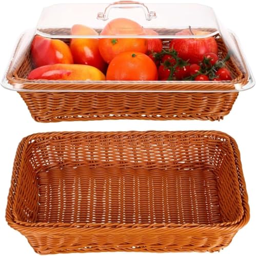 Cesta de pão com tampa tecida imitação Rattan tampa acrílica mesa comida servindo cesta de frutas para cozinha restaurante piquenique