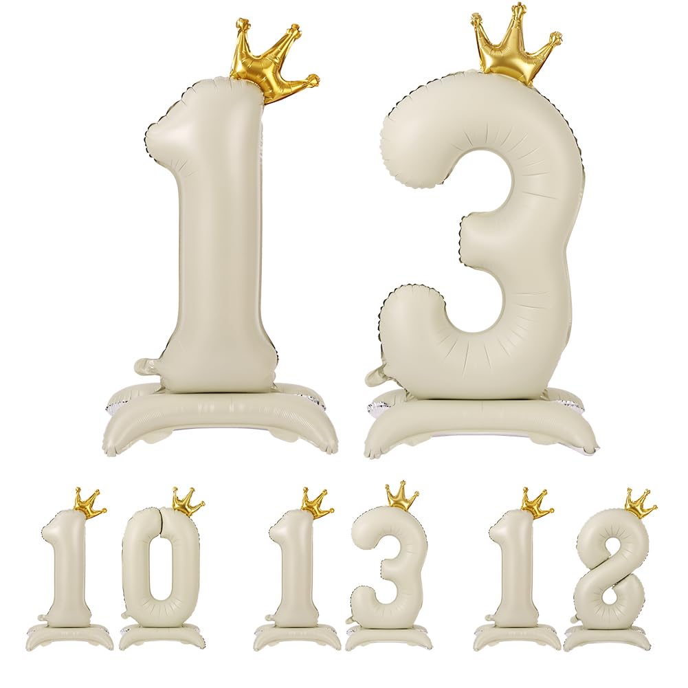 APXEL Off-white Standing Crown Number 13 Balloons, 42 Inch Large Foil Number 1 & 3 Balloons, Self Inflating 13th Birthday Balloon for 13 Year Anniversary Birthday Party Christmas Decorations