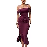 CurvySweet Women's Off The Shoulder Spaghetti Straps Formal Midi Dress with Built-in Bra and Ruffle High-Low Mermaid Hem