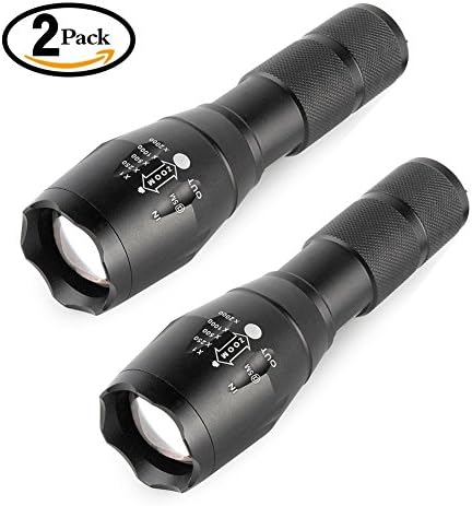 Tactical Flashlight Super Bright T6 CREE LED Flashlight Zoomable Tactical Flashlight Rainproof Lighting Lamp Torch -with Rechargeable Battery -For Cycling Hiking Camping Emergency(Pack of 2)