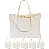Koolmox Canvas Tote Bags with Zipper, 6-Pack 17x14'' Cotton Tote Bag with Flat Bottom, Reusable Washable Grocery Shopping Bags Plain Totes for Women DIY Art Crafts Painting Embroidery Decoration