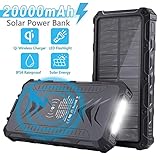 Solar Power Bank, Uplayteck Qi Wireless Charger 20000mAh Portable Power Bank with 4 Outputs & Dual Inputs Type-C, LED Flashlight, Rainproof External Backup Battery for Hiking Camping Outing