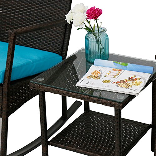 Peach Tree Rattan Rocker Chair Outdoor Garden Rocking Chair Wicker Lounge w/Turquoise Cushion and Tea Table