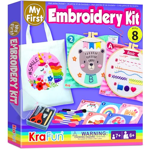 KRAFUN My First Embroidery Kit for Beginners Kids and Teenagers Simple Embroidery Patterns, Hand Embroidery Kit Includes Hoop, Cloth, Instructions for Stitches, Beginner Arts Craft Kit for Adults