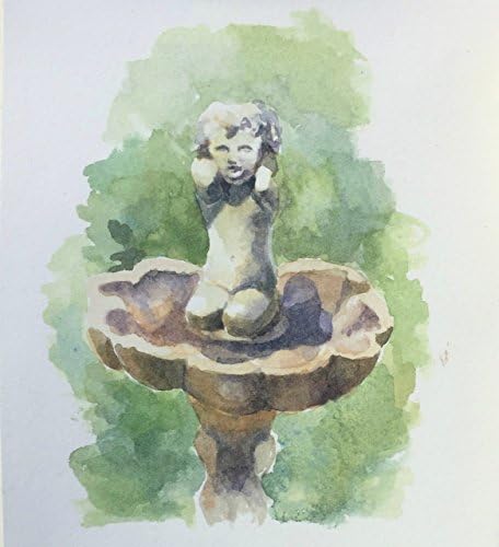 Original hand painted watercolor painting of Birdbath Angel, with hand cut matte.