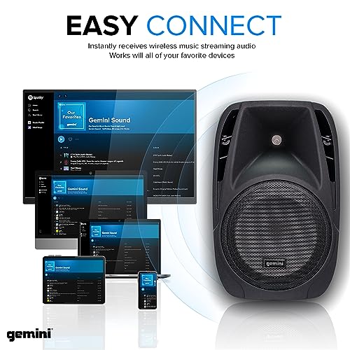 Gemini Dual 10" Powered PA System & Stands, 600W (ES-210MXBLU-ST) | Dual 10" PA with tripod stands - 6-channel powered mixer, 4 mic in - Bluetooth, USB - mic included