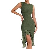 Women's Sexy Sleeveless Sheer Mesh Ruched Midi Bodycon Dress Frill Hem Cocktail Party Formal Dresses