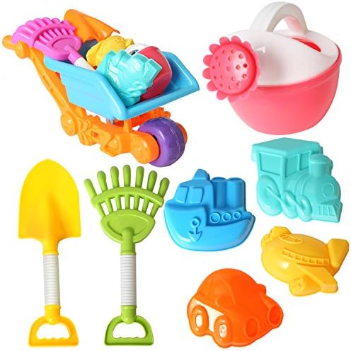 Rainbow yuango 8PCS Wheelbarrow Beach Toys Set Models and Molds, Shovels, Rakes, Sprinkler Sand Bucket Toys Party Favors for Kids(K2-6199)