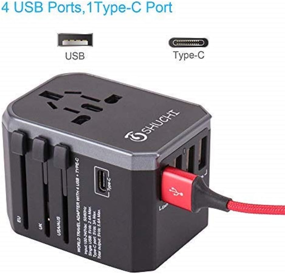Travel Adapter, All in One Wall Charger AC with 3.0 A Type C and 4 USB for UK USA EU AUS Asia - - 
