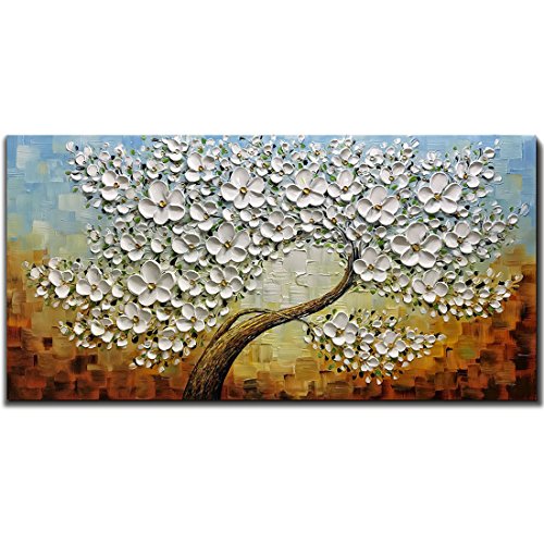 V-inspire Art, 24X48 Inch Oil Paintings on Canvas White Mapple Tree Flowers Art 100% Hand-Painted Abstract Artwork Floral Wall Art For livingroom Bedroom Dinning Room Decorative Pictures Home Decor