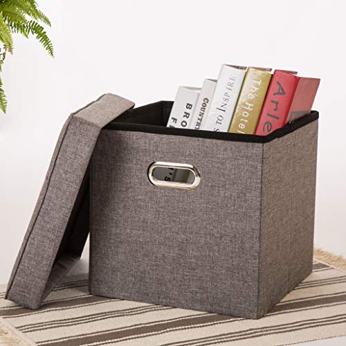 Glitzhome Foldable Linen Cube Storage Ottoman Foot Stools with Padded Seat for Living Room, Dark Gray