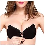 TinyWalnut Women's Strapless Self Adhesive Bra Push Up Invisible Backless Wing Shape with Drawstring Black Cup DD