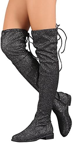 Paris Peach Evanna-1 Women's Stretchy Glitter Drawstring Back Tie Fitted Low Chunky Heel Over The Knee High Boots Pewter (9)