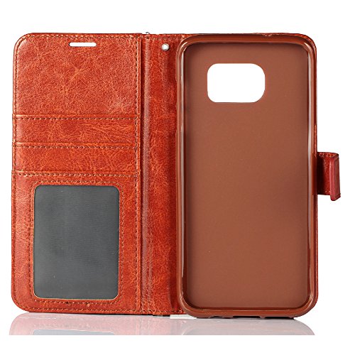 Samsung Galaxy S7 Edge Case, HLCT PU Leather Case, with Soft TPU Protective Bumper, Built-in Kickstand, Cash and Card Pockets (Brown)