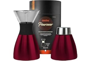 asobu Insulated Pour Over Coffee Maker (32 oz.) Double-Wall Vacuum, Stainless-Steel Filter and Take on the Go Carafe (Burgundy)