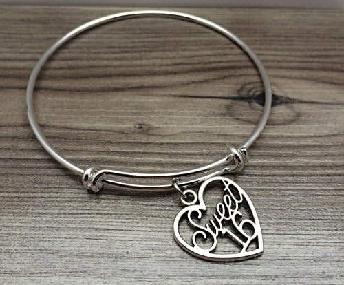 Sweet 16 Heart Charm Bangle, Sweet Sixteen Birthday Gifts for Teens