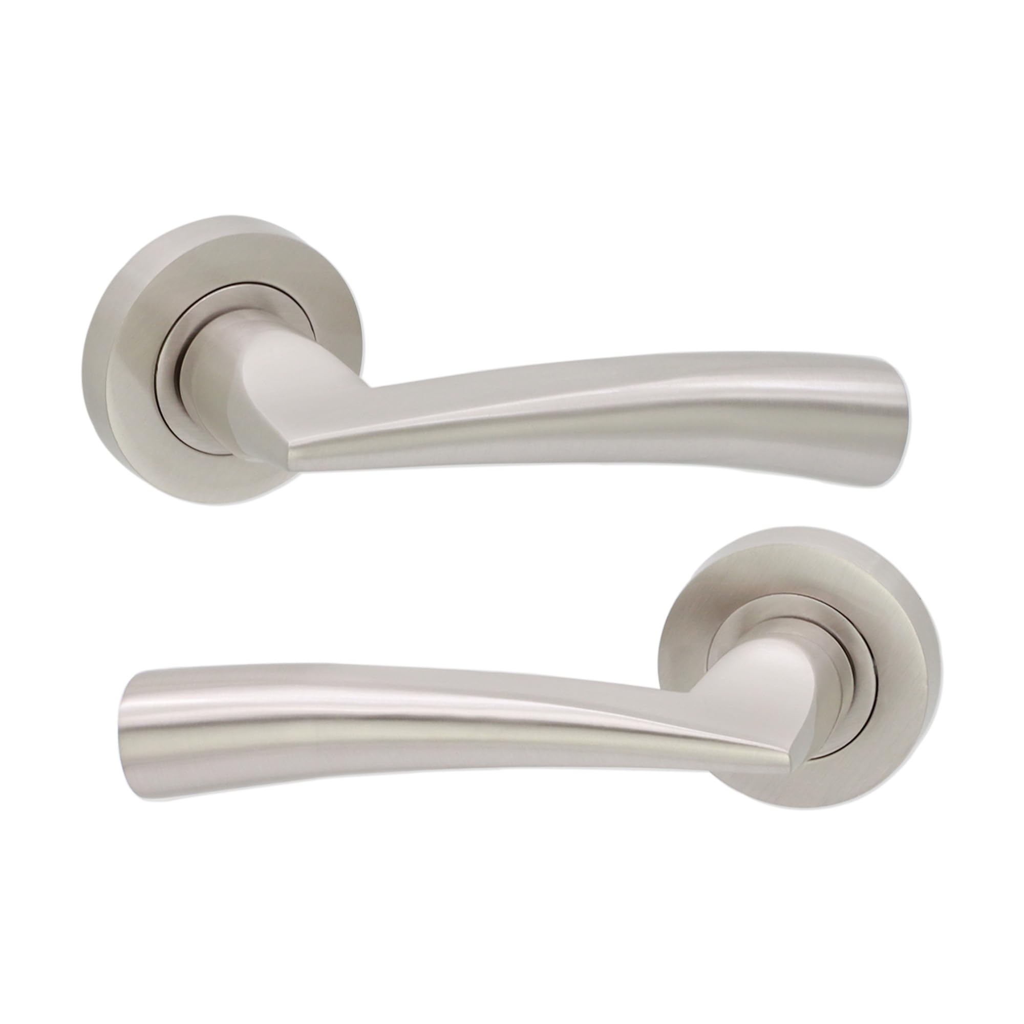 Infinity Decor Pair of Loyal Lever on Rose Door Handles Set in Satin Nickel Finish for Internal & External Doors