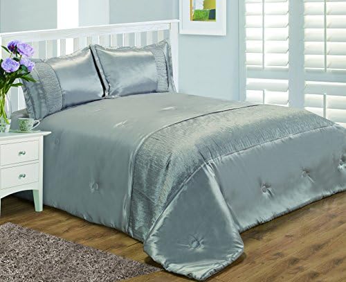 King Size Bed Serene Silver, Bedspread Set, by Ambiance, Luxurious Faux Silk Crinkle Effect Band, Throw Over Bedspread & Pillow Shams, Grey