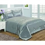 King Size Bed Serene Silver, Bedspread Set, by Ambiance, Luxurious Faux Silk Crinkle Effect Band, Throw Over Bedspread & Pillow Shams, Grey