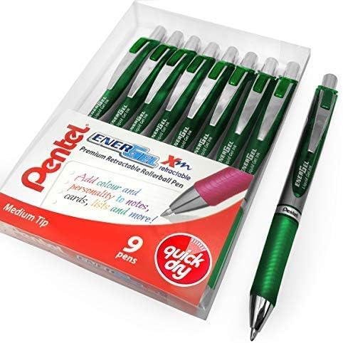 Pentel Energel BL80 - Retractable Liquid Gel Ink Pen - 1.0mm - Pack of 9 - Green - In Envelope Gift Packaging