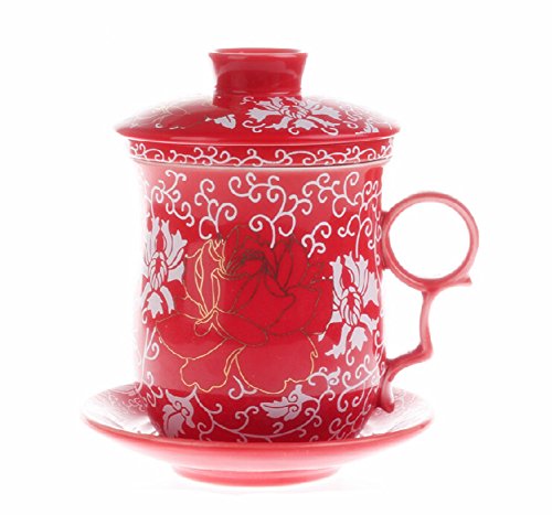 Moyishi Chinese Teaware Red Porcelain Bone Tea Cups Tea Mug (With Lid) Red Dragon-Rose Flower